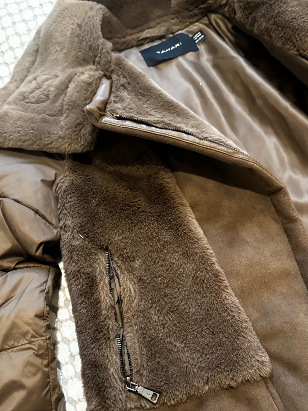 Tahari Brown Faux Fur-Lined Coat